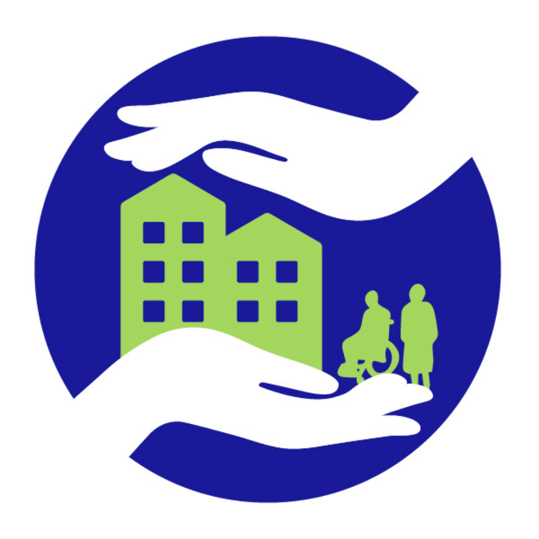Residents' Rights Month Logo - two hands holding a building with two people on the right side